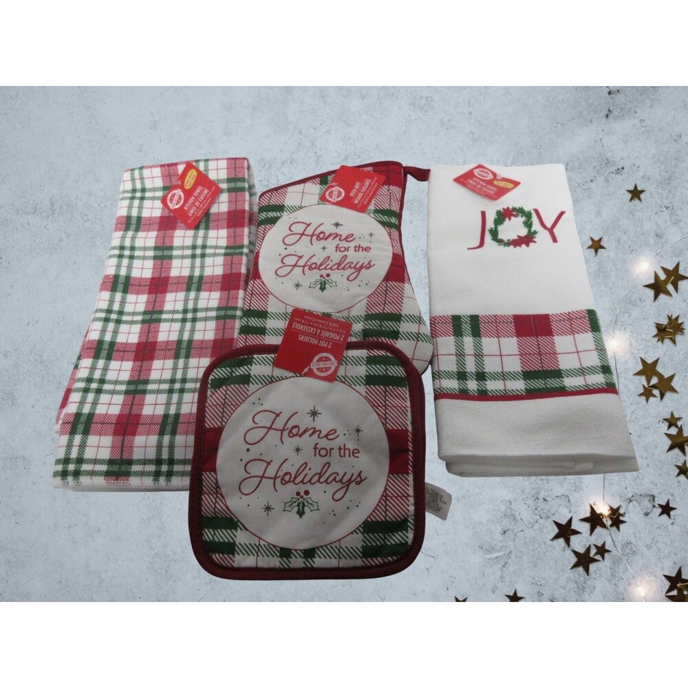 5 pc kitchen towel set (2 Kitchen Towels 1 Oven Mitt 2 Potholders Home for Holid